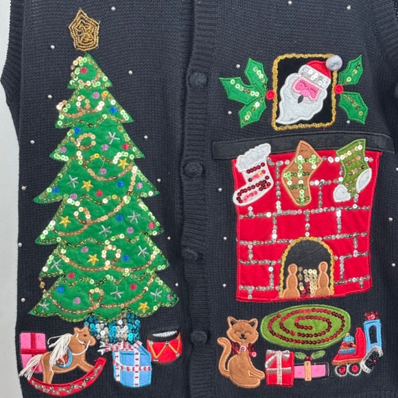 Basic Editions Christmas Sweater Vest 2x Button Down Cat Embroidery Beaded Ugly - Picture 2 of 10